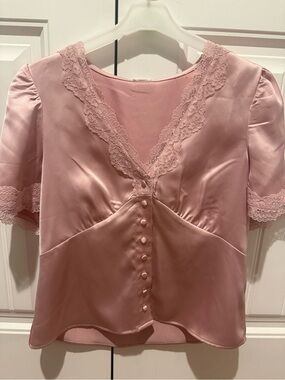 Blush Pink Satin Lace Button-Front Top